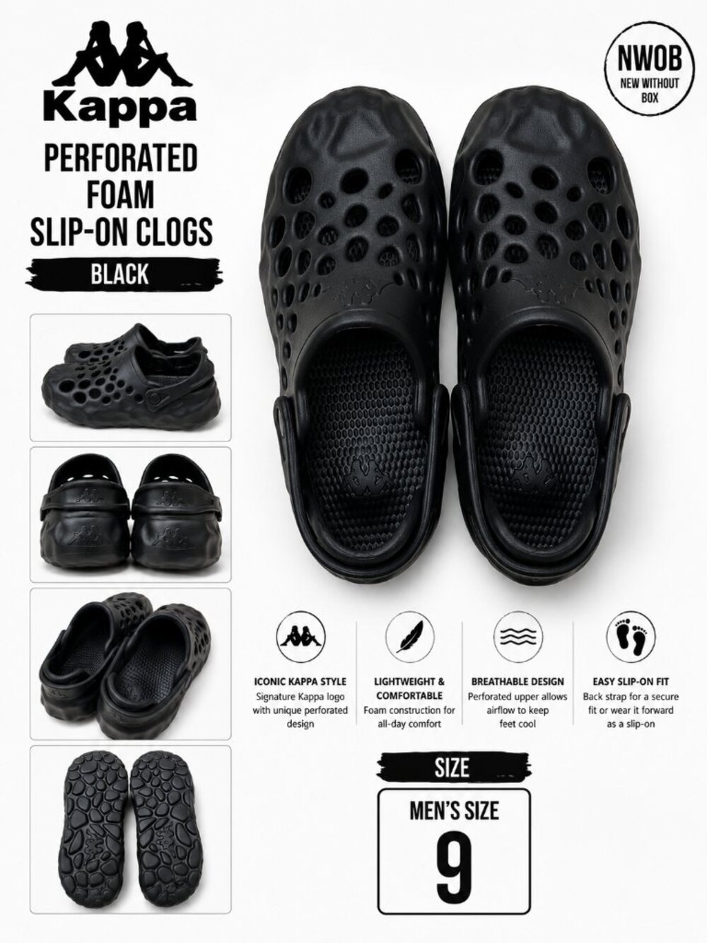 NWOB Kappa Perforated Foam Slip-On Clogs Black Size 9